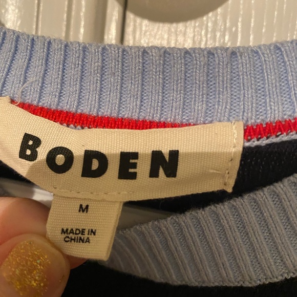 Boden Meg Saddle Sleeve Sweater Blue/Brown/Red Size M Cotton & Cashmere - Picture 2 of 6